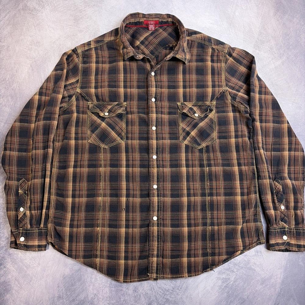 Arizona Jean Co Mens XL Brown Plaid Western Pearl Snap Flannel Shirt Long Sleeve